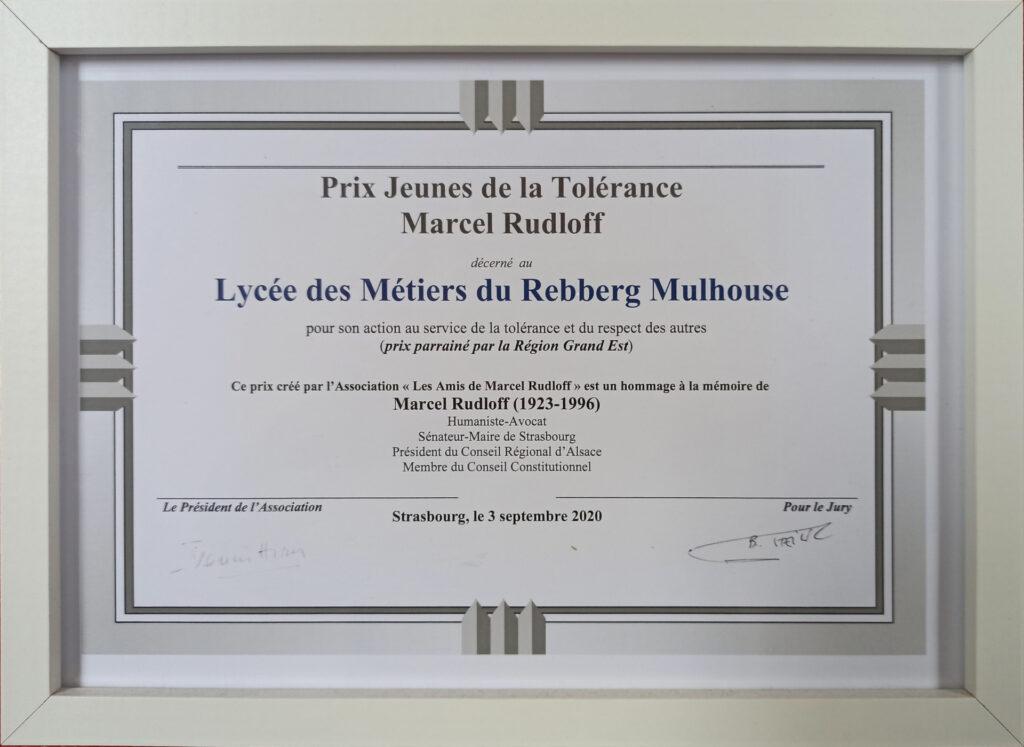 Prix de la Tolérance Marcel Rudloff attribué au Lycée du Rebberg